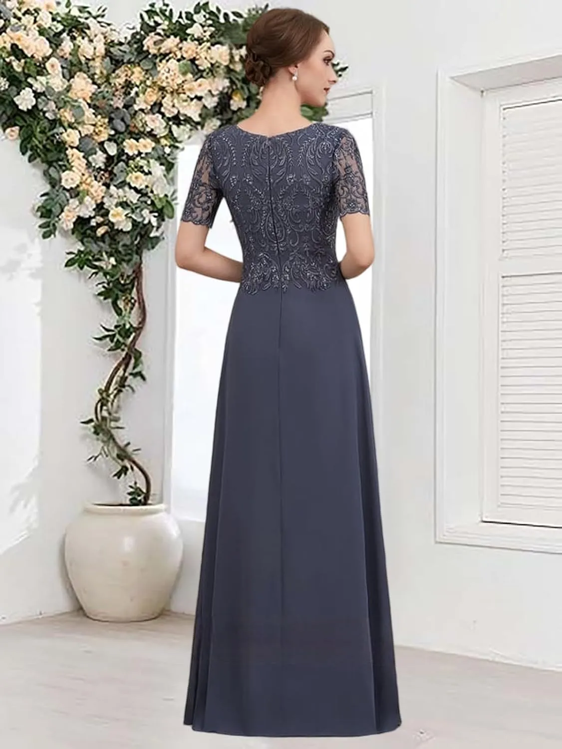 Lace Sequins Mother of The Bride Dresses 2025 Short Sleeve Wedding Guest Dresses for Women Long Chiffon A Line Formal Evening