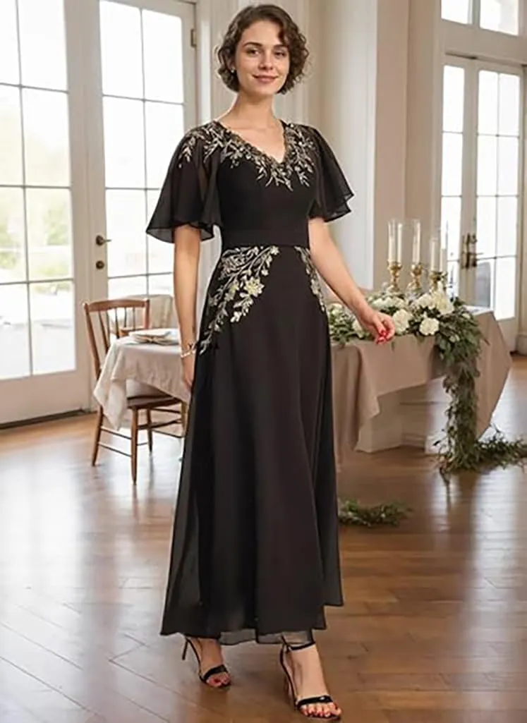 Lace Sequins Mother of The Bride Dresses 2025 Short Sleeve Wedding Guest Dresses for Women Long Chiffon A Line Formal Evening