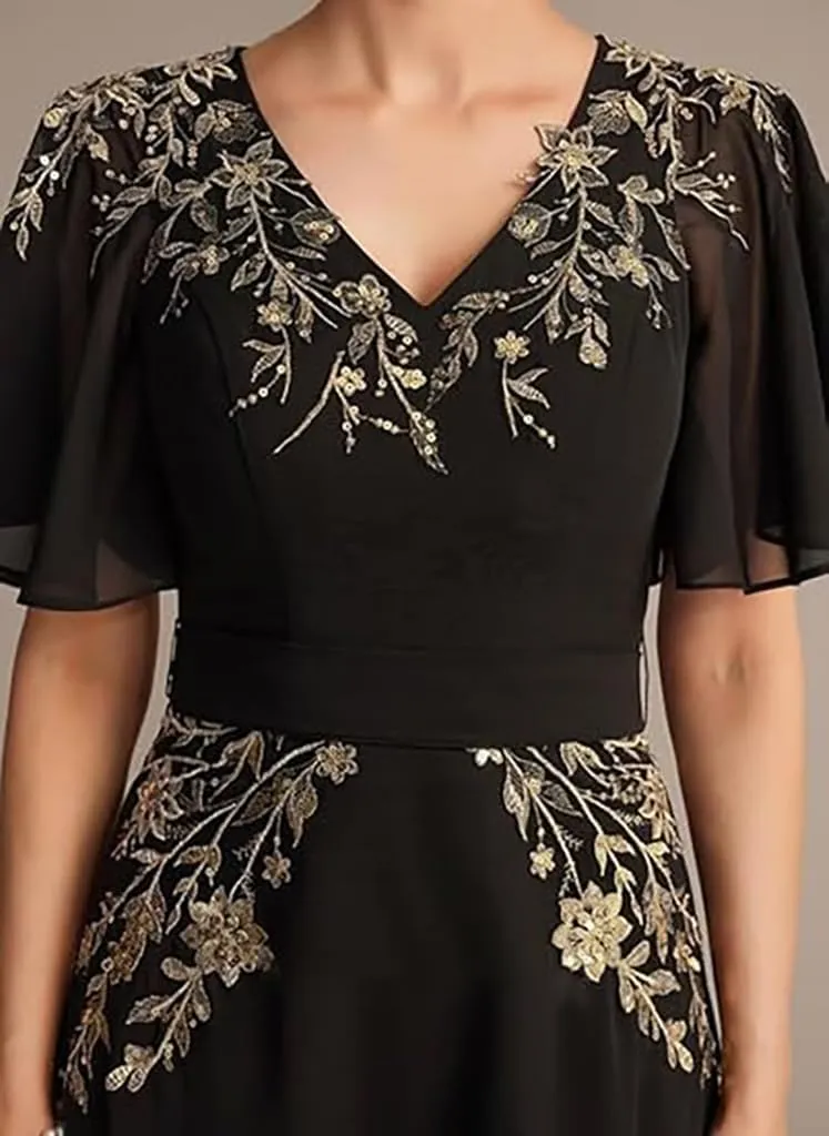 Lace Sequins Mother of The Bride Dresses 2025 Short Sleeve Wedding Guest Dresses for Women Long Chiffon A Line Formal Evening