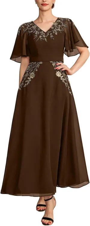 Lace Sequins Mother of The Bride Dresses 2025 Short Sleeve Wedding Guest Dresses for Women Long Chiffon A Line Formal Evening