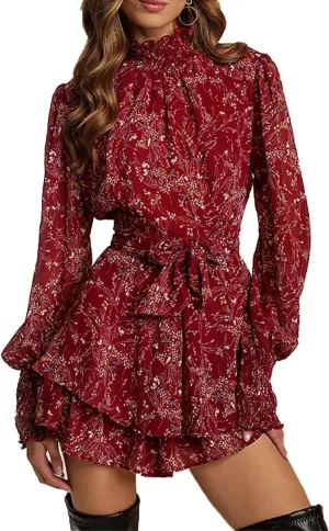 LAPRBY Women's Floral Print Mini Dress Mock Neck Sheer Long Sleeve Dress Tie Waist Layered Ruffle Dresses (Red,Large)