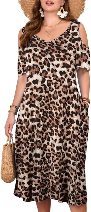 LARACE Plus Size Women Dress for Summer, Midi Women's Sundress, Casual V-Neck Short Sleeve Flowy T-Shirt Dresses with Pockets