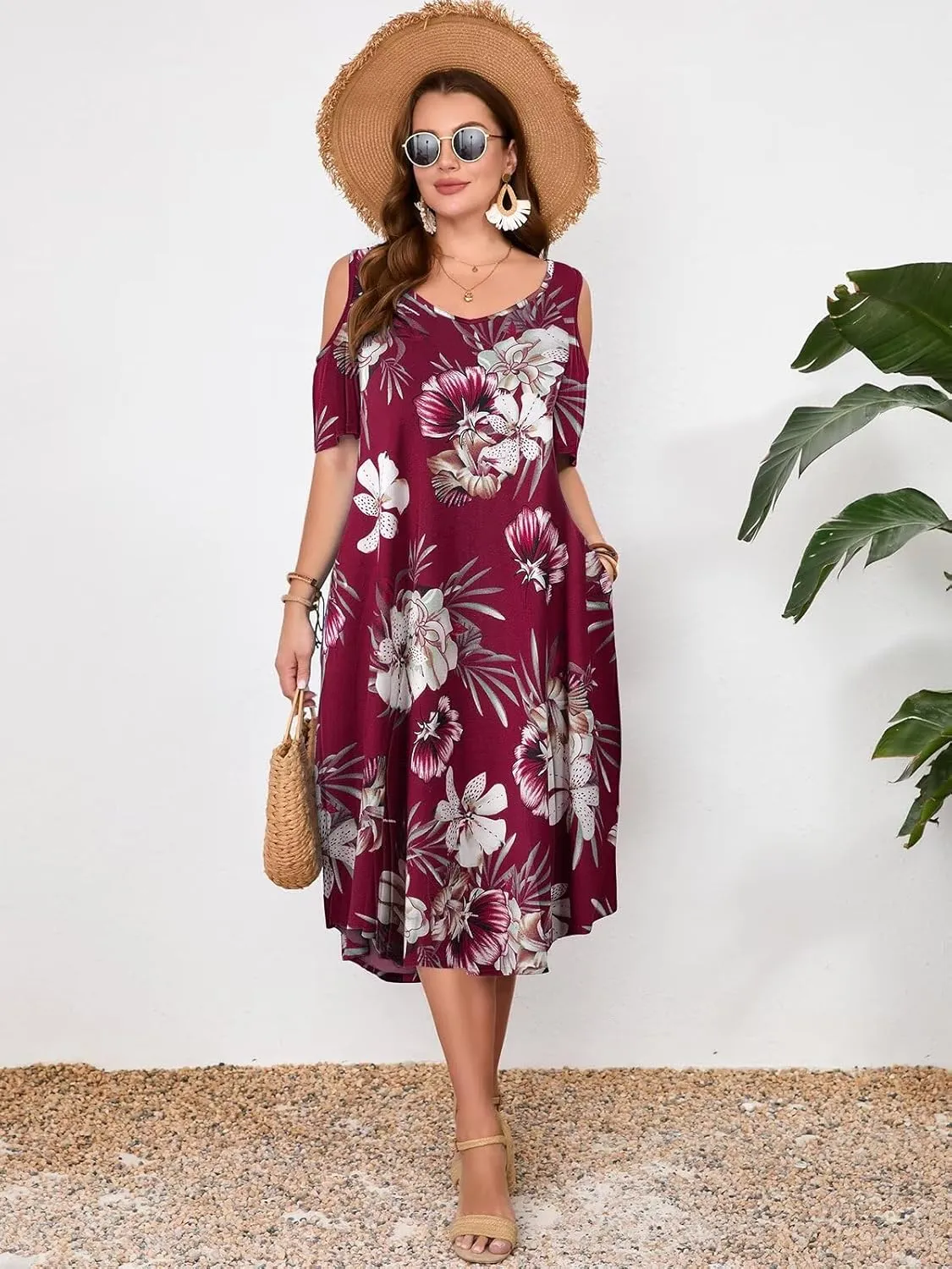LARACE Plus Size Women Dress for Summer, Midi Women's Sundress, Casual V-Neck Short Sleeve Flowy T-Shirt Dresses with Pockets
