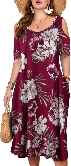 LARACE Plus Size Women Dress for Summer, Midi Women's Sundress, Casual V-Neck Short Sleeve Flowy T-Shirt Dresses with Pockets
