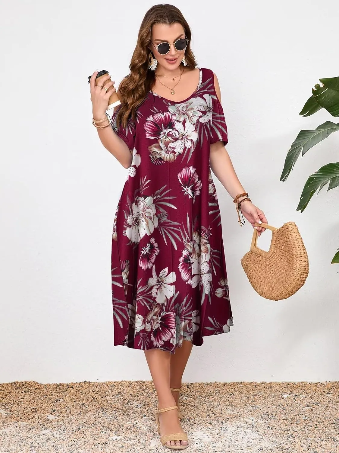 LARACE Plus Size Women Dress for Summer, Midi Women's Sundress, Casual V-Neck Short Sleeve Flowy T-Shirt Dresses with Pockets