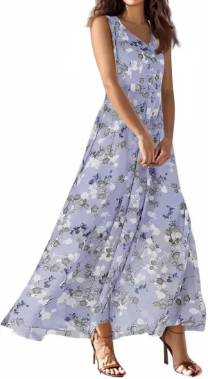 lcyhony Maxi Dresses for Women 2025 Casual Summer Sleeveless V Neck Floral Dress Y2k Loose fit Flowy Beach Vacation Sundress