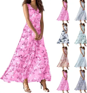lcyhony Maxi Dresses for Women 2025 Casual Summer Sleeveless V Neck Floral Dress Y2k Loose fit Flowy Beach Vacation Sundress
