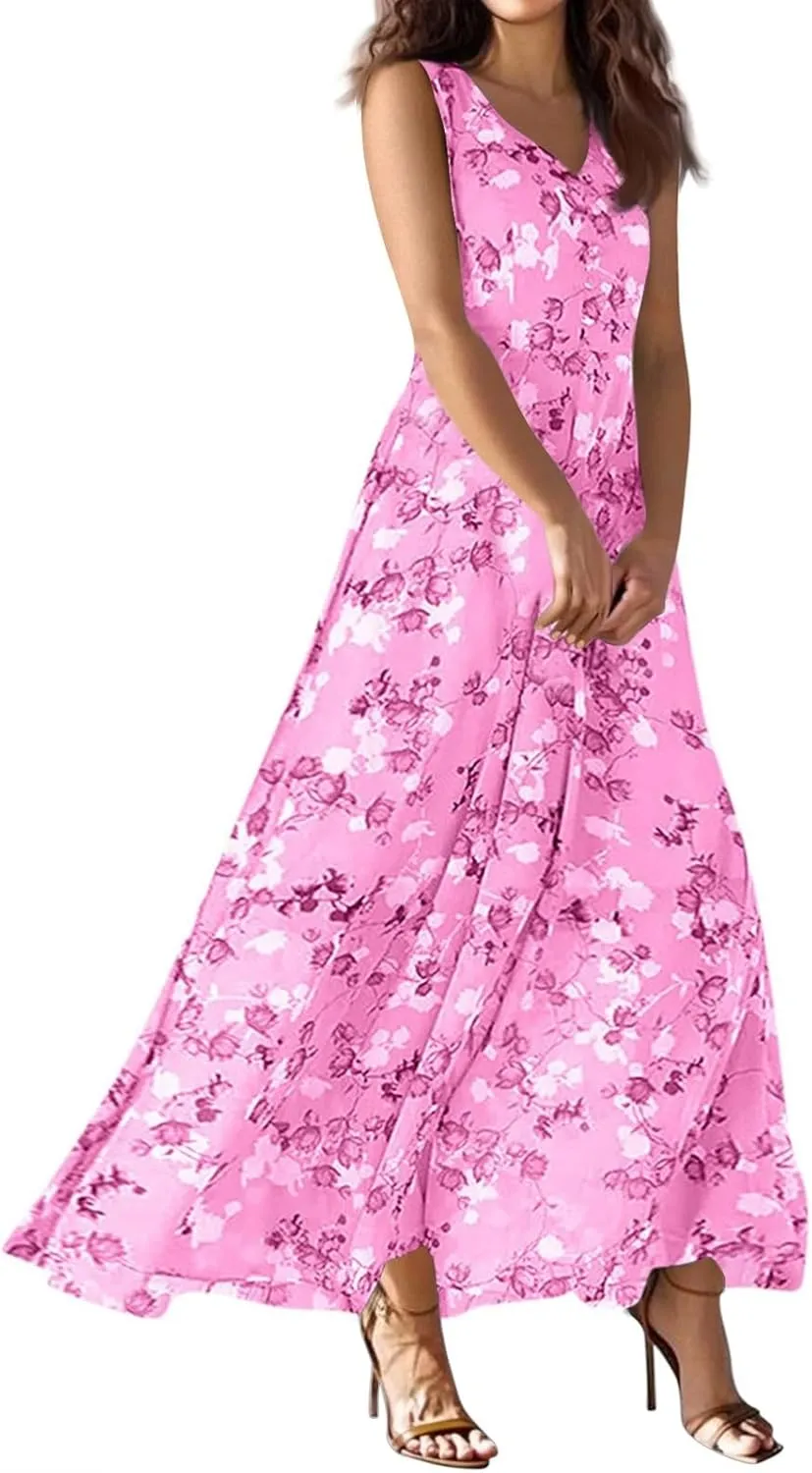 lcyhony Maxi Dresses for Women 2025 Casual Summer Sleeveless V Neck Floral Dress Y2k Loose fit Flowy Beach Vacation Sundress