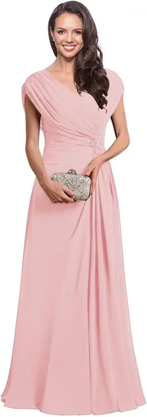 Leeskoot Chiffon Mother of The Bride Dresses with Sleeves V Neck Ruffles A Line Long Formal Wedding Guest Dress