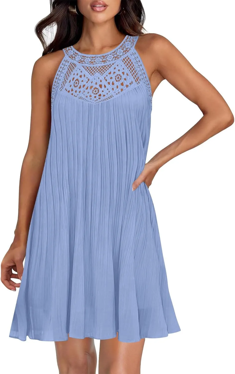 LEMONONSTORE Women Trendy Pleated Dresses Sleeveless Crochet Lace Halter Neck Sundress Casual Summer Flowy A Line Mini Dress