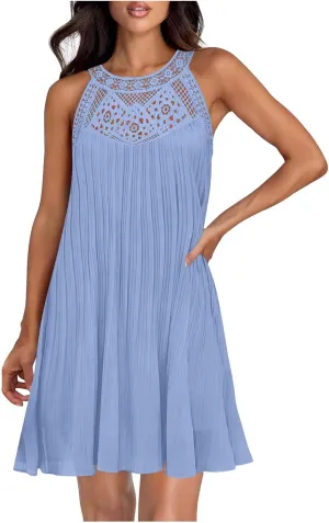 LEMONONSTORE Women Trendy Pleated Dresses Sleeveless Crochet Lace Halter Neck Sundress Casual Summer Flowy A Line Mini Dress