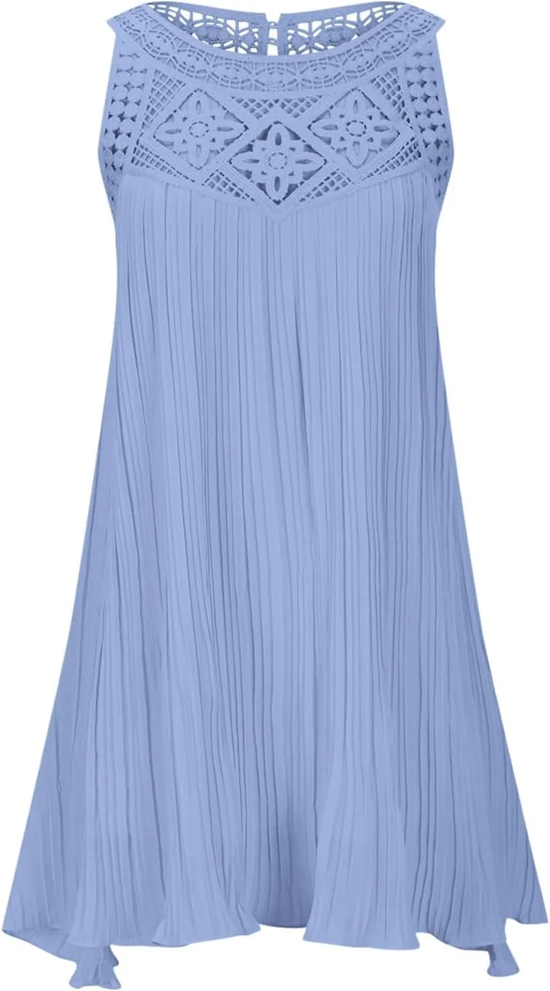 LEMONONSTORE Women Trendy Pleated Dresses Sleeveless Crochet Lace Halter Neck Sundress Casual Summer Flowy A Line Mini Dress