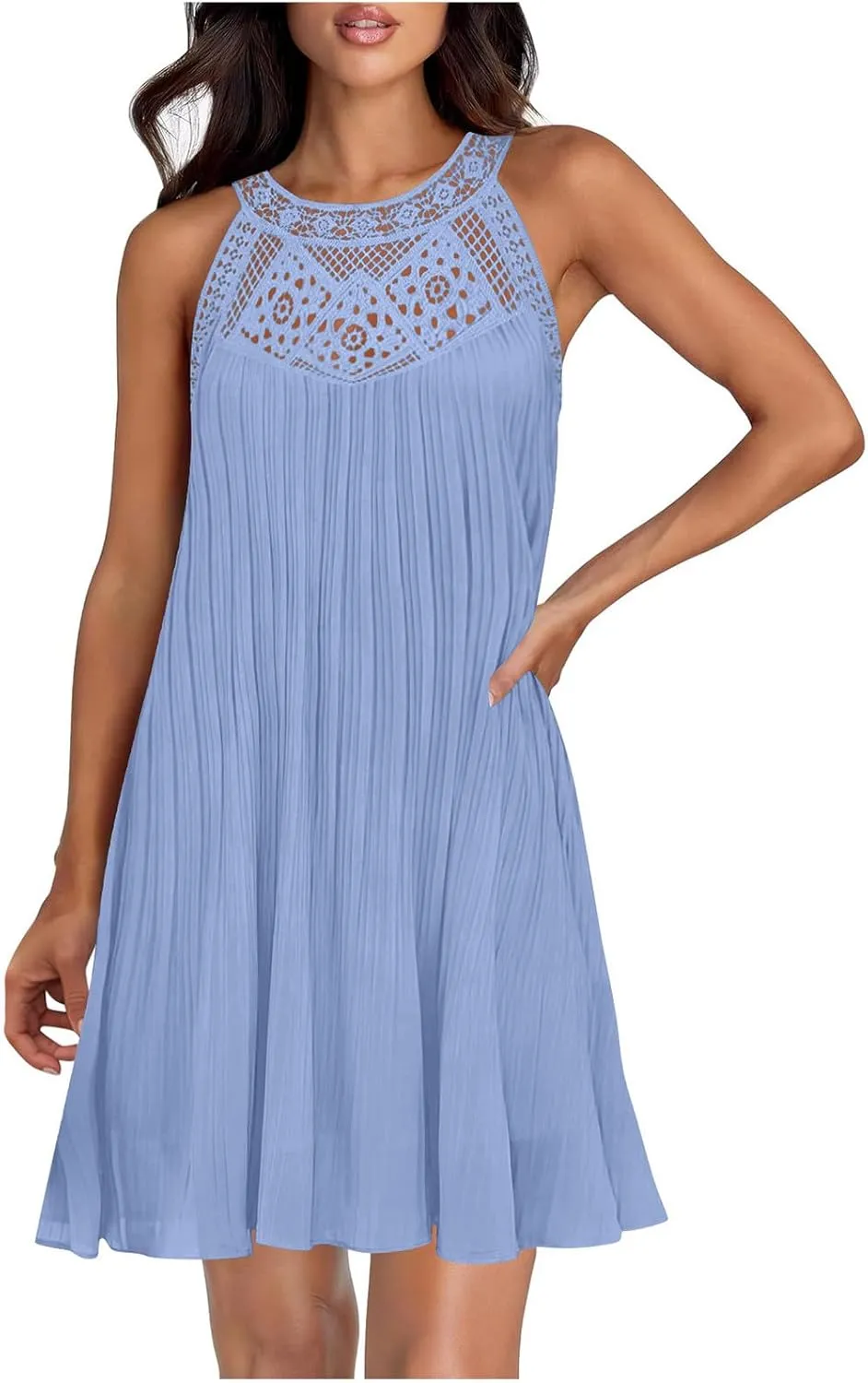 LEMONONSTORE Women Trendy Pleated Dresses Sleeveless Crochet Lace Halter Neck Sundress Casual Summer Flowy A Line Mini Dress