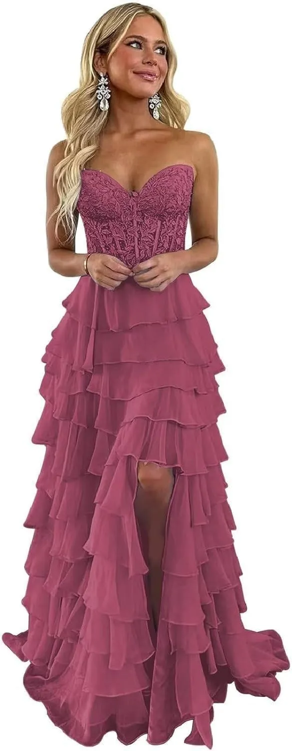 Lindo Noiva Women's Lace Appliques Tiered Prom Dresses 2025 Long Lace Appliques Chiffon Evening Dress with Slit P1213