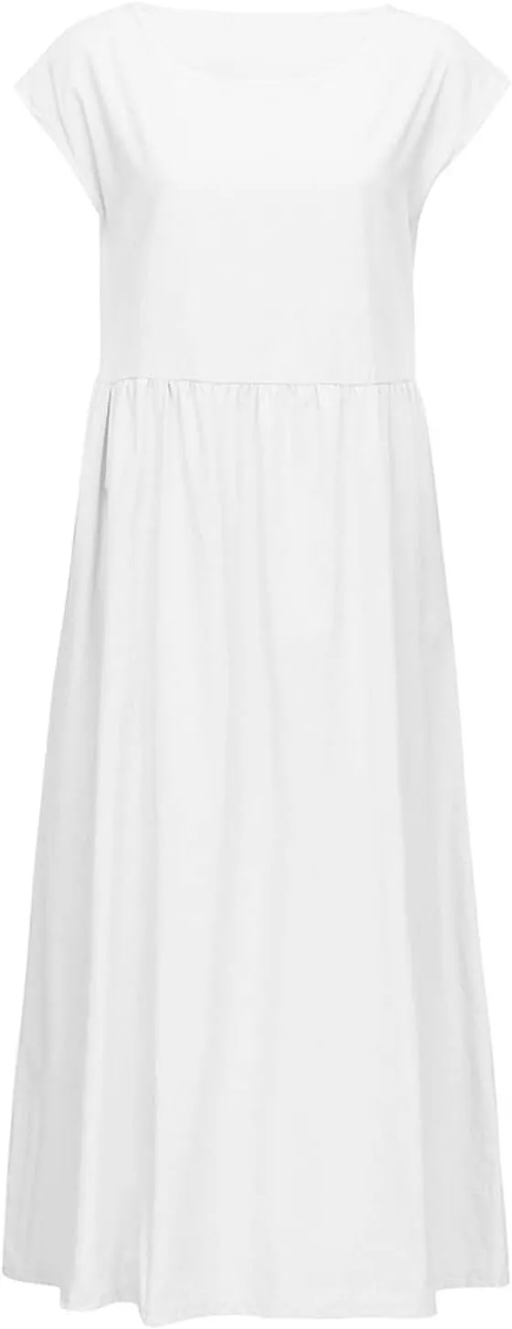 Linen Cotton Dresses for Women 2024 Sleeveless Casual Baggy Flowy Lightweight Dress Comfy Loose Holiday Maxi Dresses