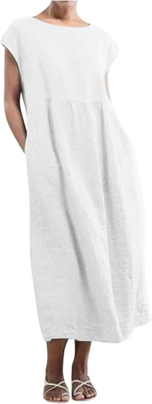 Linen Cotton Dresses for Women 2024 Sleeveless Casual Baggy Flowy Lightweight Dress Comfy Loose Holiday Maxi Dresses