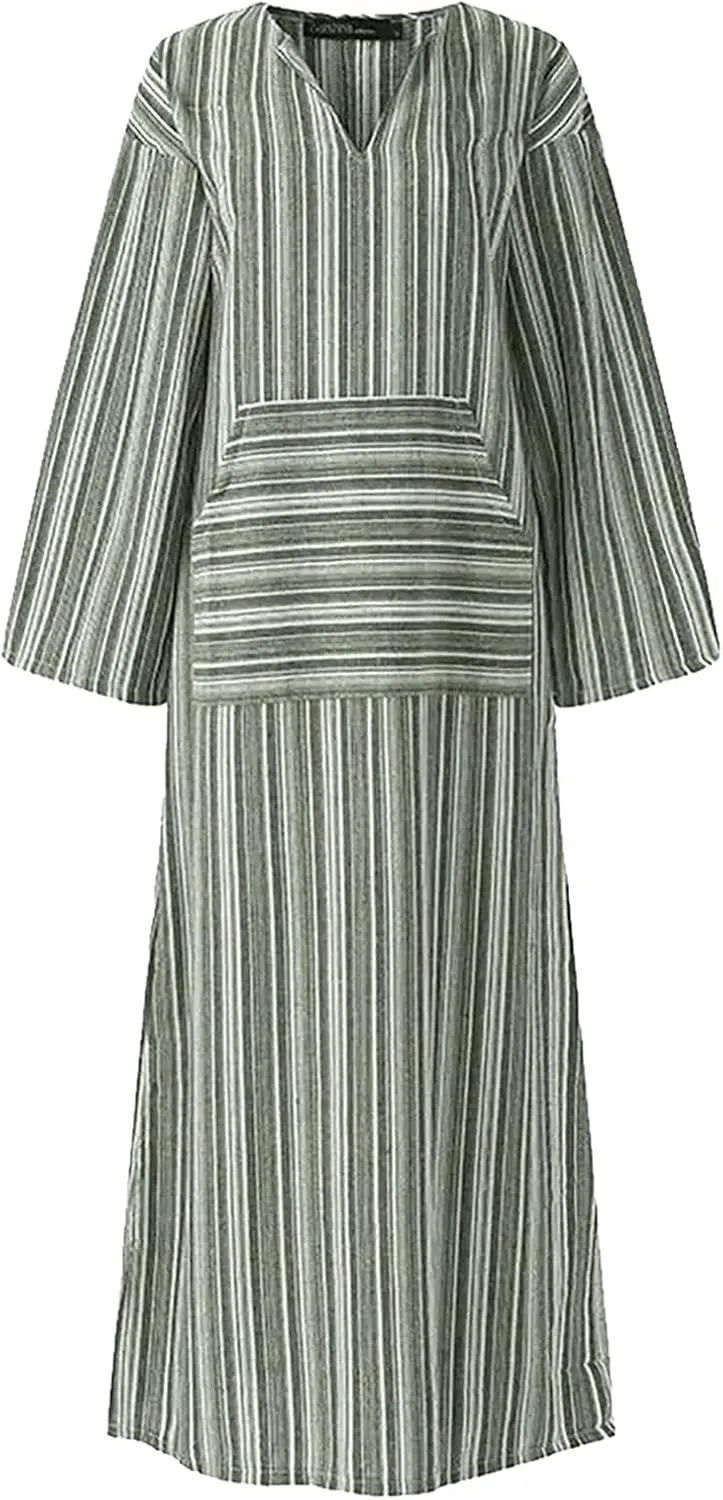 Linen Dress Women Summer Long Sleeve Maxi Dresses Japanese-Style V Neck Gown Robe Lightweight Long Dress with Front Pocket