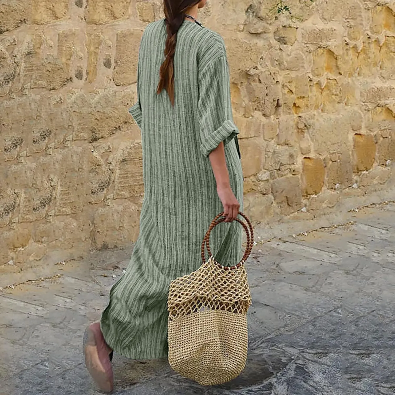 Linen Dress Women Summer Long Sleeve Maxi Dresses Japanese-Style V Neck Gown Robe Lightweight Long Dress with Front Pocket