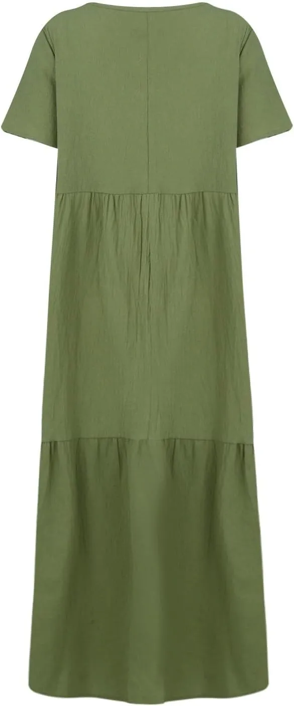 Linen Dress Women Summer Short Sleeve V Neck Plus Size Maxi Dresses Casual Flowy Loose Long Vacation Beach Sundress