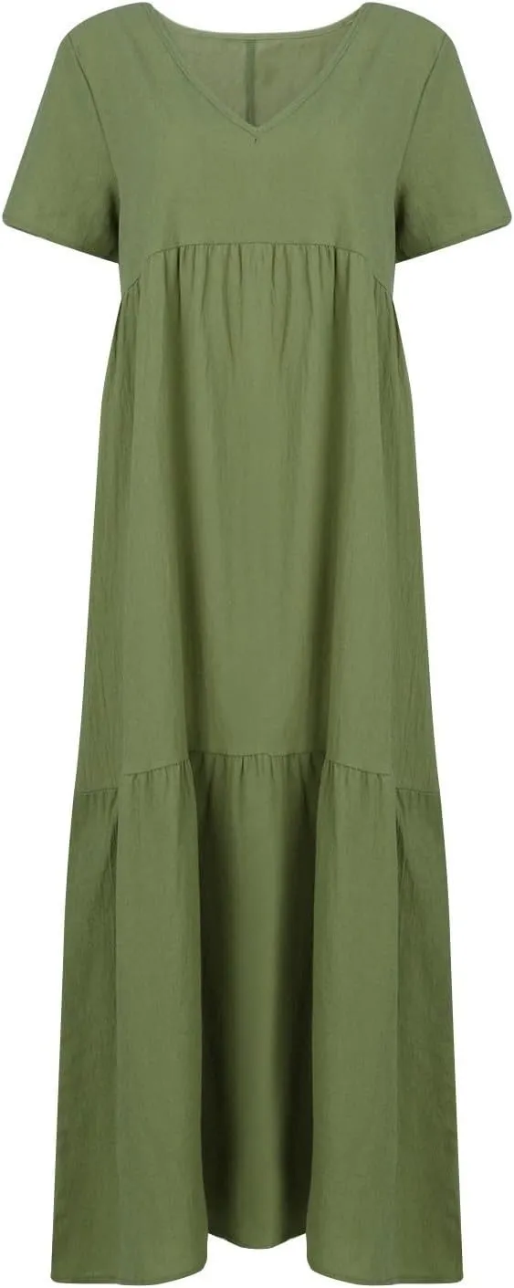 Linen Dress Women Summer Short Sleeve V Neck Plus Size Maxi Dresses Casual Flowy Loose Long Vacation Beach Sundress
