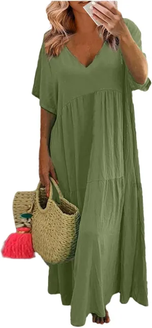 Linen Dress Women Summer Short Sleeve V Neck Plus Size Maxi Dresses Casual Flowy Loose Long Vacation Beach Sundress