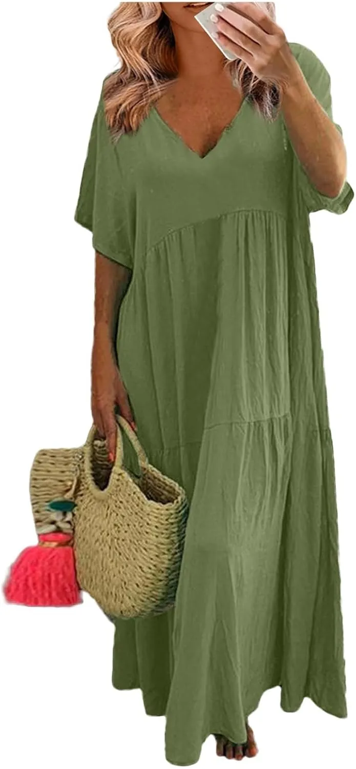 Linen Dress Women Summer Short Sleeve V Neck Plus Size Maxi Dresses Casual Flowy Loose Long Vacation Beach Sundress