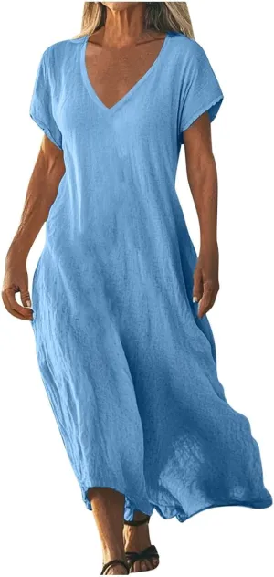 Linen Dresses for Women 2025 Casual Flowy V Neck Short Sleeve Maxi Dress Lightweight Summer Beach Vacation Clothes