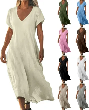 Linen Dresses for Women 2025 Casual Flowy V Neck Short Sleeve Maxi Dress Lightweight Summer Beach Vacation Clothes