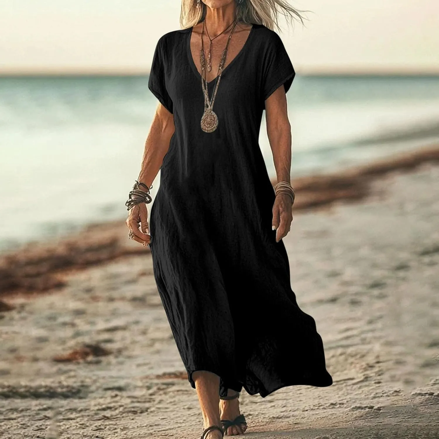 Linen Dresses for Women 2025 Casual Flowy V Neck Short Sleeve Maxi Dress Lightweight Summer Beach Vacation Clothes