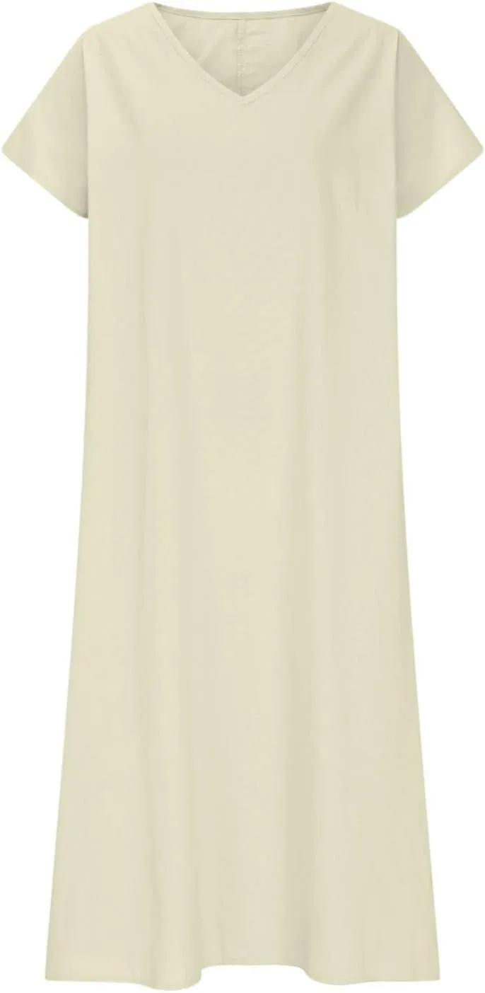 Linen Dresses for Women 2025 Casual Flowy V Neck Short Sleeve Maxi Dress Lightweight Summer Beach Vacation Clothes
