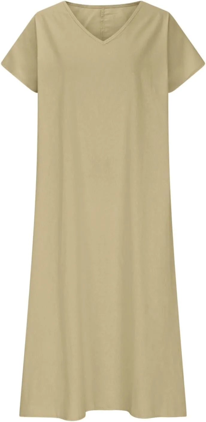 Linen Dresses for Women 2025 Casual Flowy V Neck Short Sleeve Maxi Dress Lightweight Summer Beach Vacation Clothes