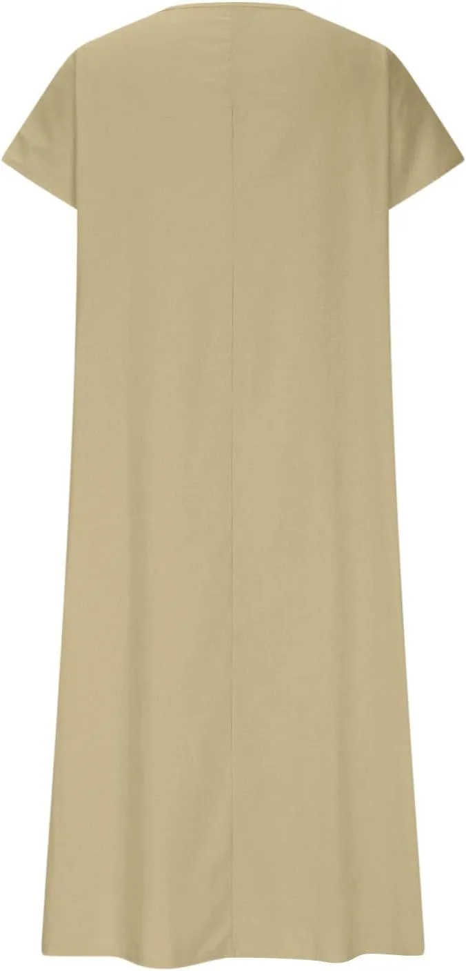 Linen Dresses for Women 2025 Casual Flowy V Neck Short Sleeve Maxi Dress Lightweight Summer Beach Vacation Clothes