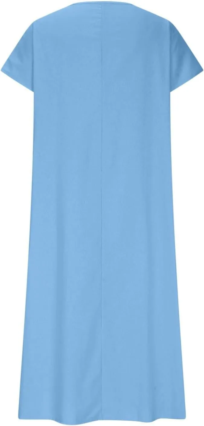 Linen Dresses for Women 2025 Casual Flowy V Neck Short Sleeve Maxi Dress Lightweight Summer Beach Vacation Clothes