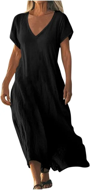 Linen Dresses for Women 2025 Casual Flowy V Neck Short Sleeve Maxi Dress Lightweight Summer Beach Vacation Clothes