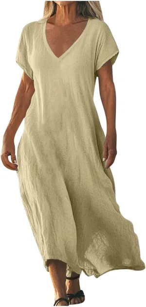 Linen Dresses for Women 2025 Casual Flowy V Neck Short Sleeve Maxi Dress Lightweight Summer Beach Vacation Clothes