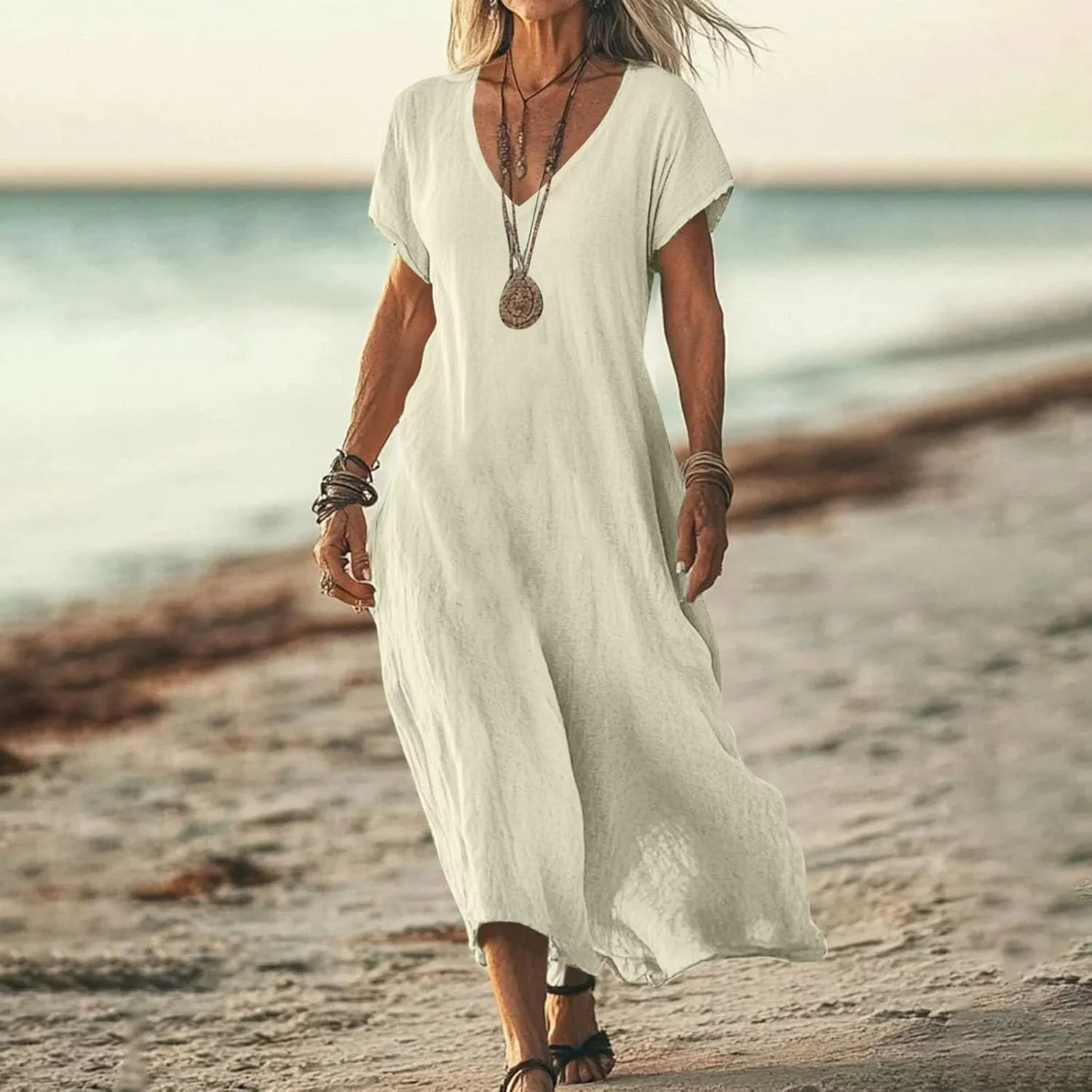 Linen Dresses for Women 2025 Casual Flowy V Neck Short Sleeve Maxi Dress Lightweight Summer Beach Vacation Clothes