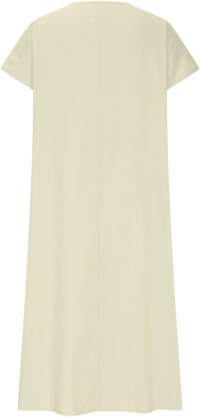 Linen Dresses for Women 2025 Casual Flowy V Neck Short Sleeve Maxi Dress Lightweight Summer Beach Vacation Clothes