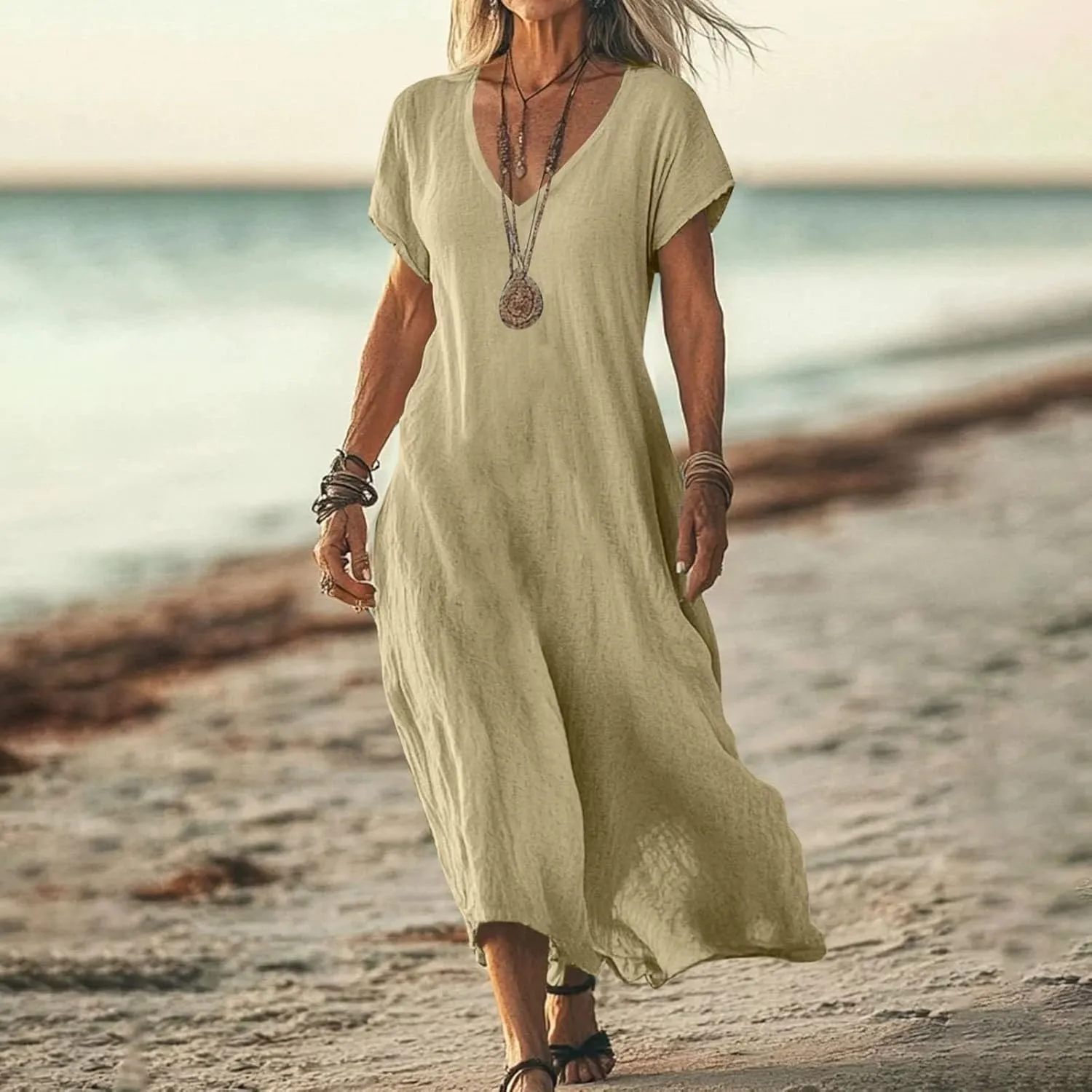 Linen Dresses for Women 2025 Casual Flowy V Neck Short Sleeve Maxi Dress Lightweight Summer Beach Vacation Clothes