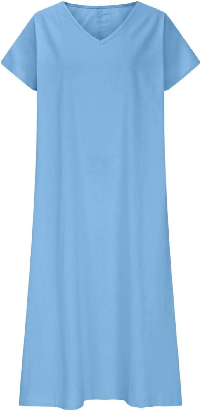 Linen Dresses for Women 2025 Casual Flowy V Neck Short Sleeve Maxi Dress Lightweight Summer Beach Vacation Clothes