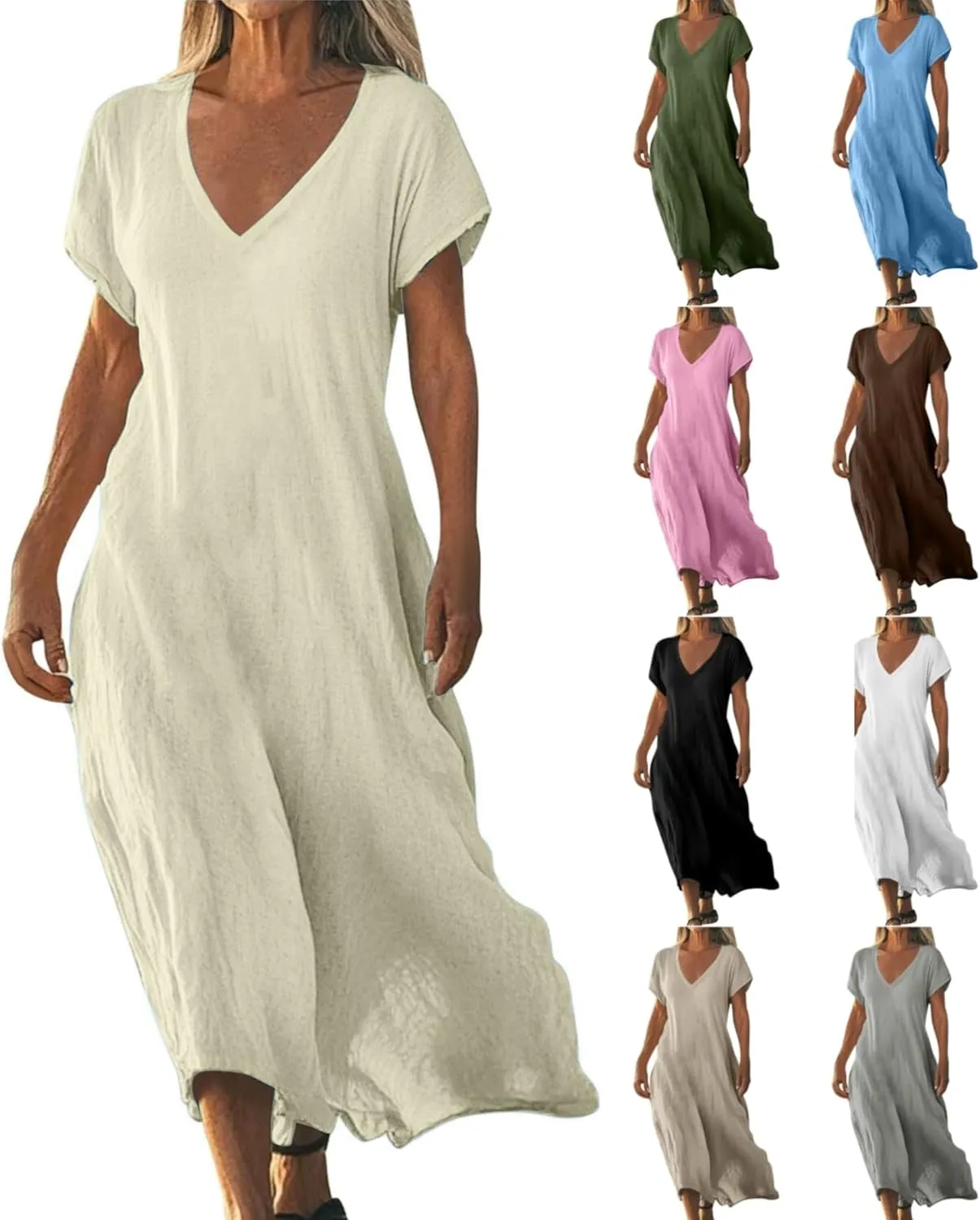 Linen Dresses for Women 2025 Casual Flowy V Neck Short Sleeve Maxi Dress Lightweight Summer Beach Vacation Clothes