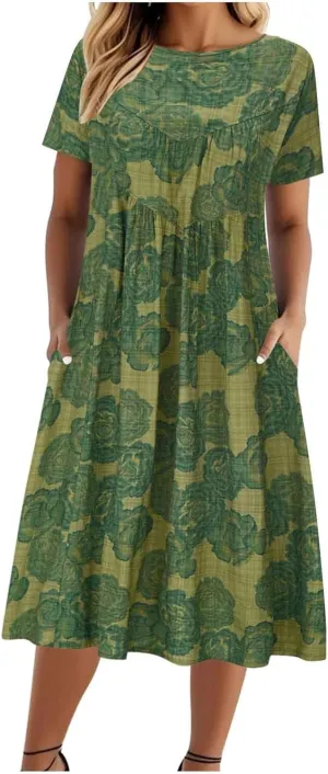 Linen Dresses for Women 2025 Casual Midi Dress Lightweight Short Sleeve Floral Dresses Crew Neck Summer Beach Dresses