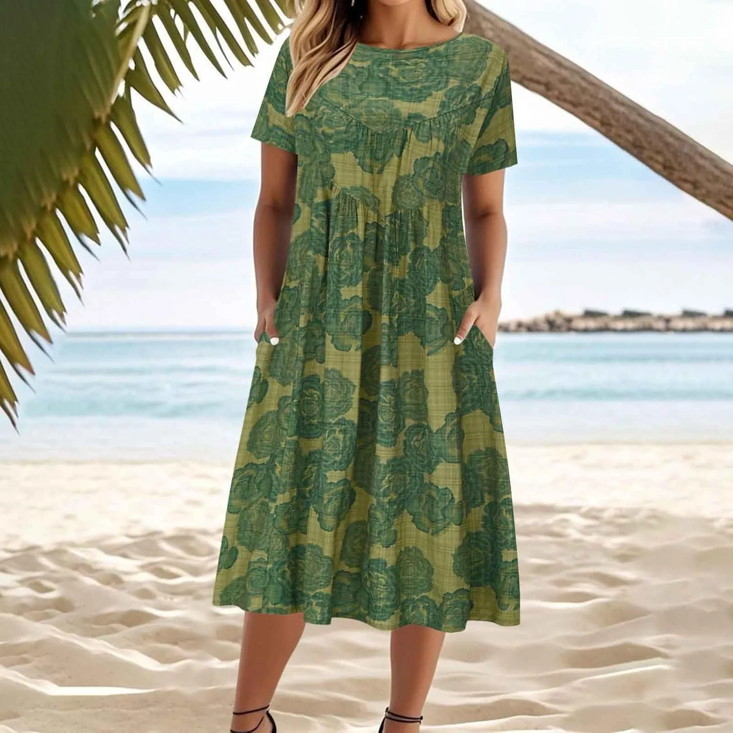 Linen Dresses for Women 2025 Casual Midi Dress Lightweight Short Sleeve Floral Dresses Crew Neck Summer Beach Dresses