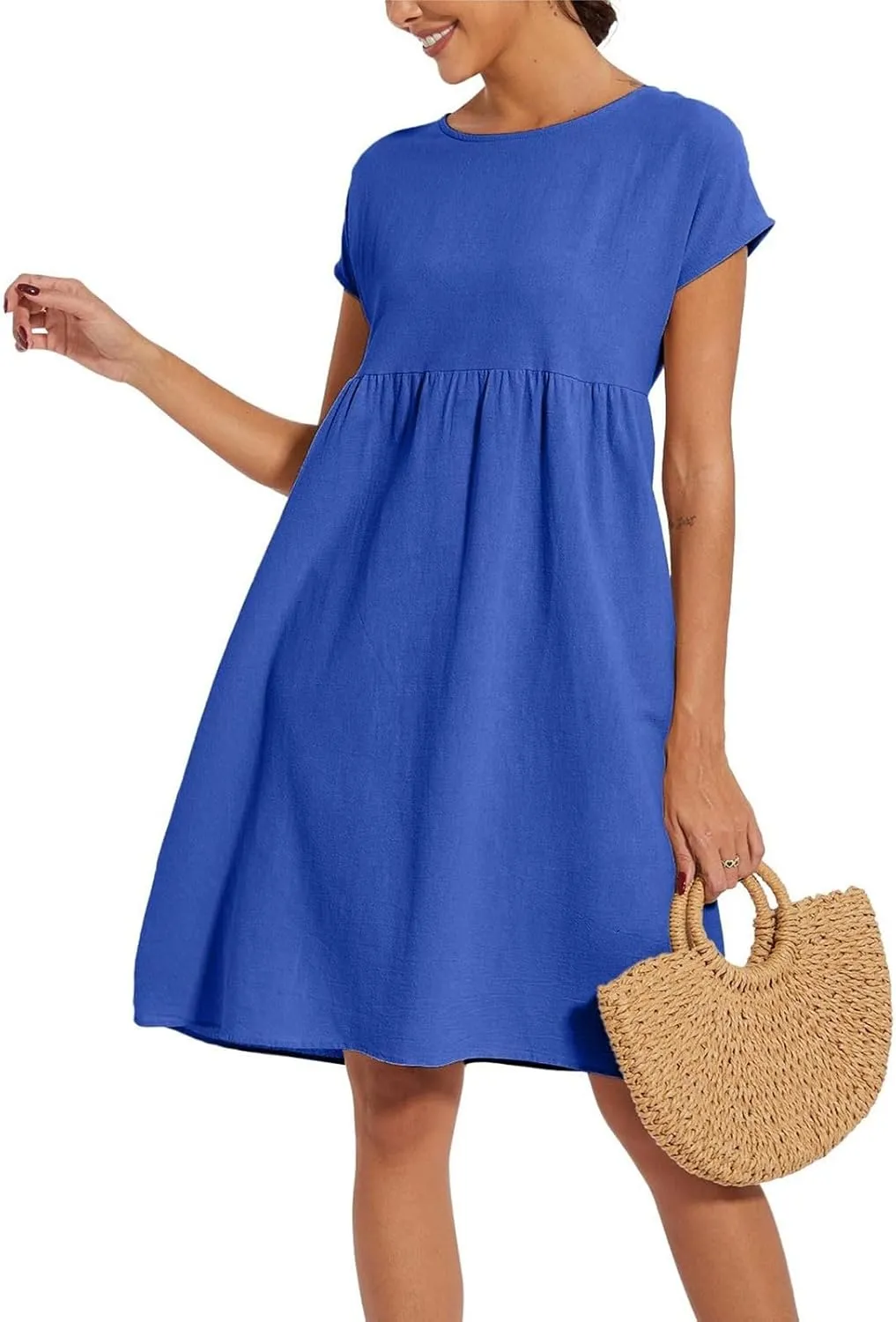 Linen Dresses for Women 2025 Solid Color Short Sleeve A-line Midi Dress with Pockets Comfy Loose Flowy Casual Dresses