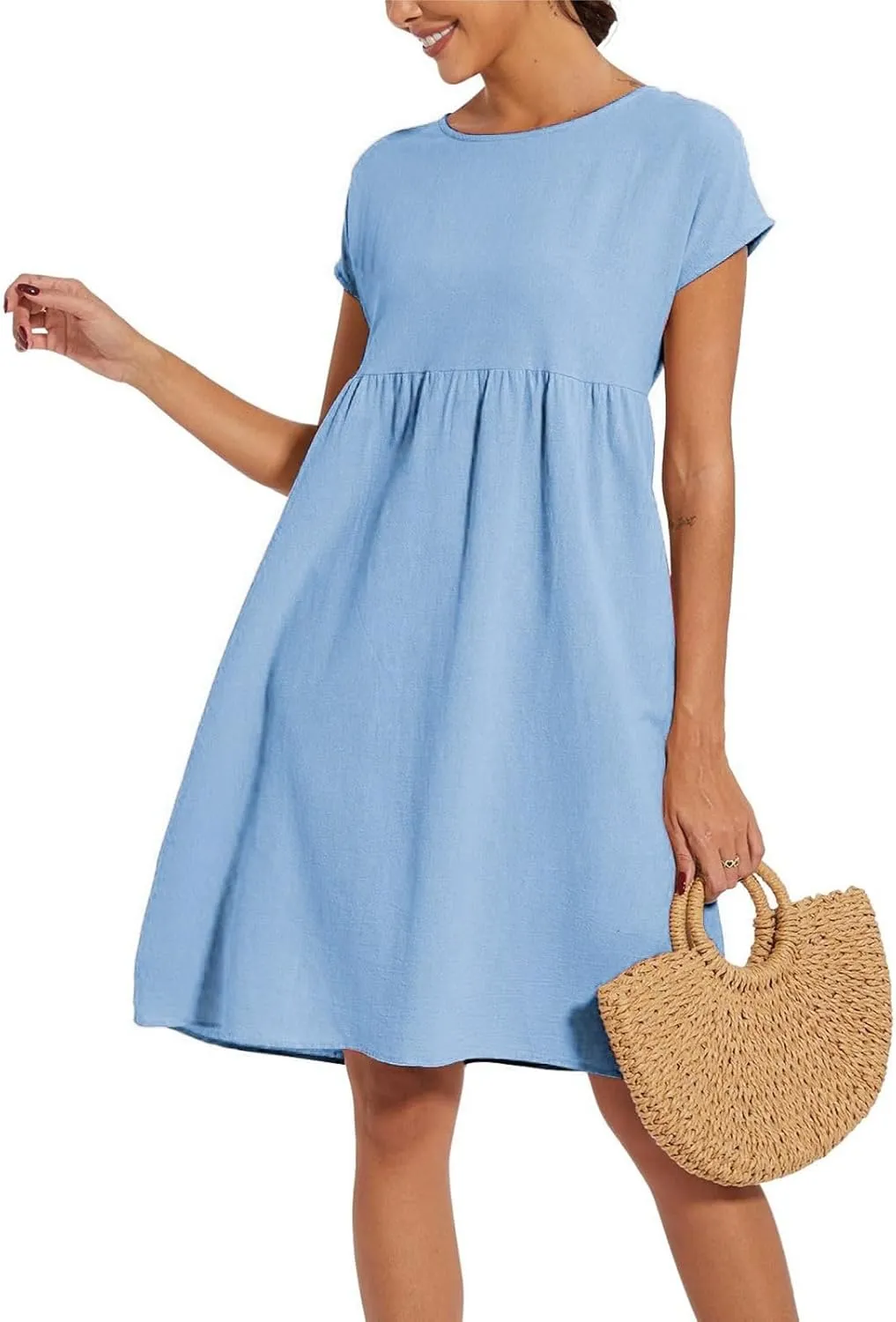 Linen Dresses for Women 2025 Solid Color Short Sleeve A-line Midi Dress with Pockets Comfy Loose Flowy Casual Dresses