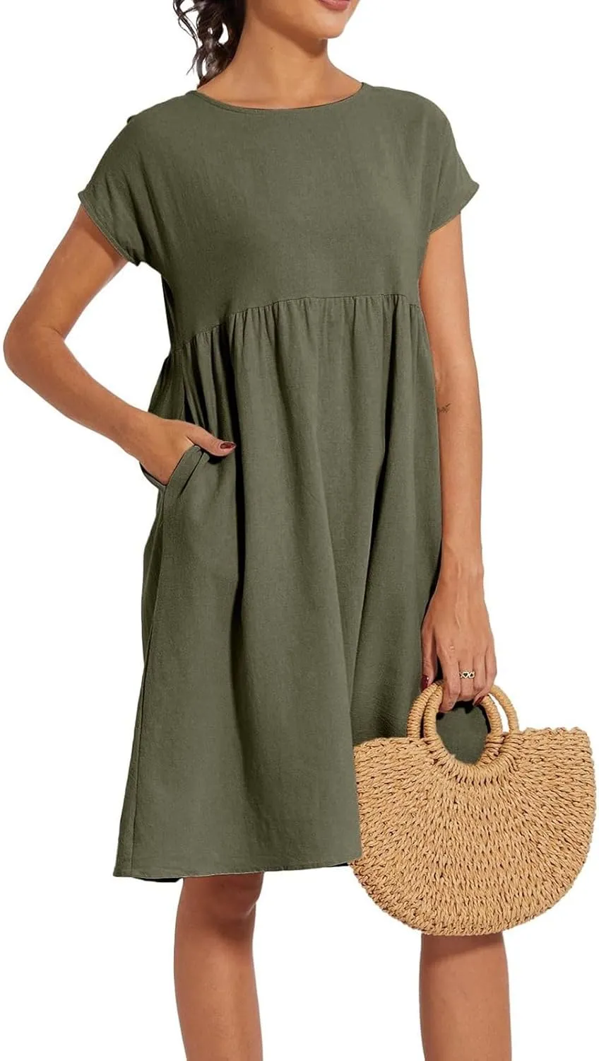 Linen Dresses for Women 2025 Solid Color Short Sleeve A-line Midi Dress with Pockets Comfy Loose Flowy Casual Dresses