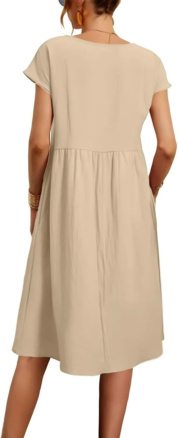 Linen Dresses for Women 2025 Solid Color Short Sleeve A-line Midi Dress with Pockets Comfy Loose Flowy Casual Dresses