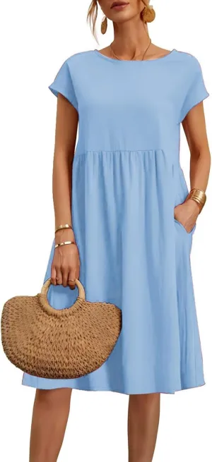 Linen Dresses for Women 2025 Solid Color Short Sleeve A-line Midi Dress with Pockets Comfy Loose Flowy Casual Dresses