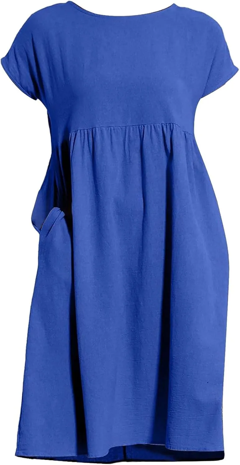 Linen Dresses for Women 2025 Solid Color Short Sleeve A-line Midi Dress with Pockets Comfy Loose Flowy Casual Dresses