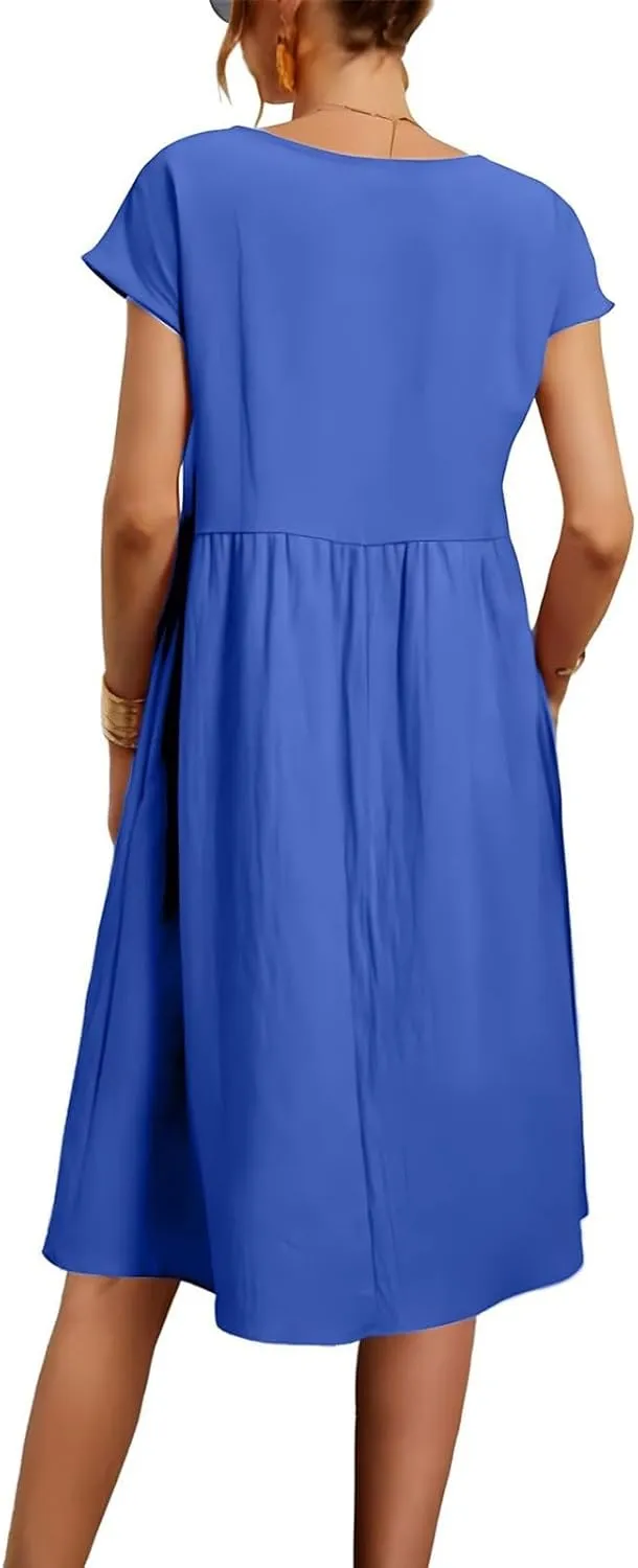 Linen Dresses for Women 2025 Solid Color Short Sleeve A-line Midi Dress with Pockets Comfy Loose Flowy Casual Dresses