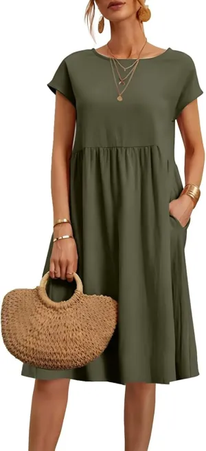 Linen Dresses for Women 2025 Solid Color Short Sleeve A-line Midi Dress with Pockets Comfy Loose Flowy Casual Dresses